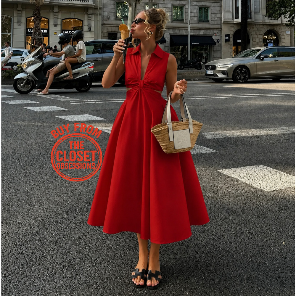 Mango NWT Red Cotton Cutout A-Line Maxi Dress 6 8 - Picture 13 of 16